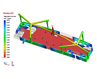 Moldex3D Full 3D Flow Simulation of a multi-component Injection Moulded Part. The red section within the figure is a metal insert.
